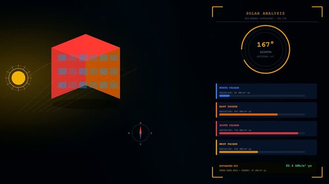 A digital bim modeling interface displays dynamic solar radiation analysis on a 3d building model as sun position vectors shift across the dark screen in real time