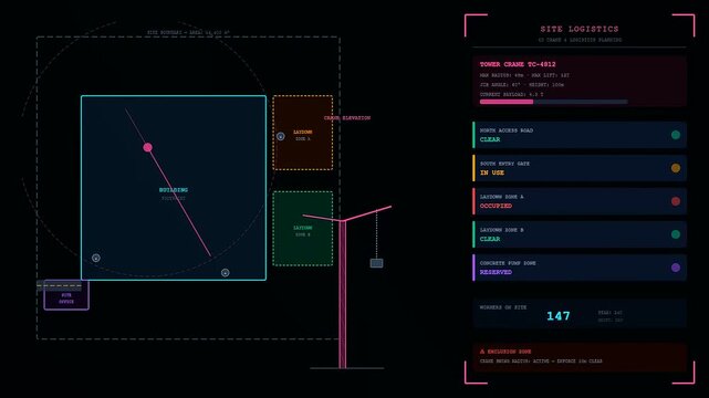 A digital bim modeling interface shows construction site logistics and crane movement tracking on a screen with neon graphic elements for planning modern building project workflows