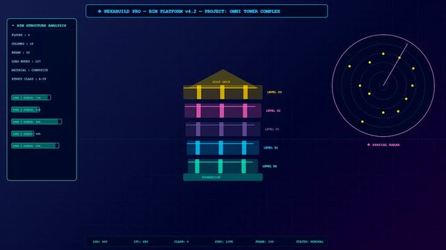 Digital bim modeling interface visualizing progressive skyscraper construction growth with radar tracking charts on a dark navy grid screen showing structural engineering floor levels elevation