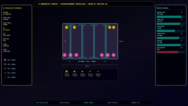 Digital bim modeling interface displaying structural engineering data of a concrete beam reinforcement cross section during a professional design review process on a dark screen