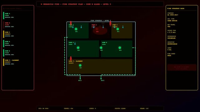Digital bim modeling interface visualizing a fire escape strategy plan showing floor zone status updates with building layout maps on a dark computer monitor screen display