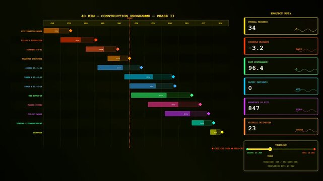 the complex workflow of bim modeling displayed on a digital interface showing iterative progress bars and data analytics charts for large scale construction project planning phases