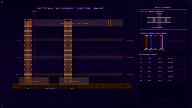 Technical structural engineering views showing bim modeling for vertical wall assemblies and beam connections rendered in a dark neon purple holographic aesthetic for architectural planning projects