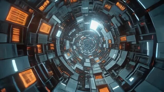Futuristic circular data corridor of glowing circuitry and illuminated technology modules with