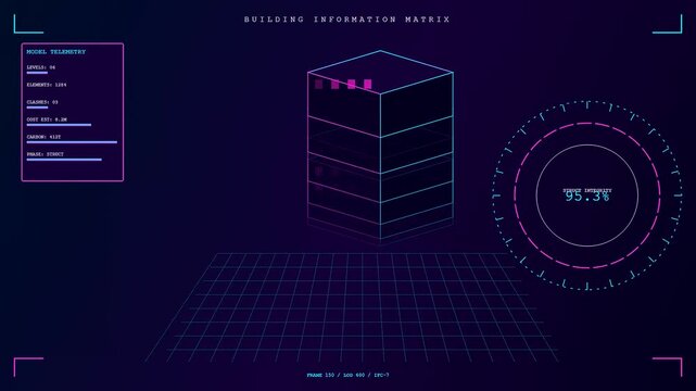 Digital bim modeling interface visualizing a glowing three dimensional architectural structure projected onto a dark grid floor panel with changing numeric telemetry data displays during animation