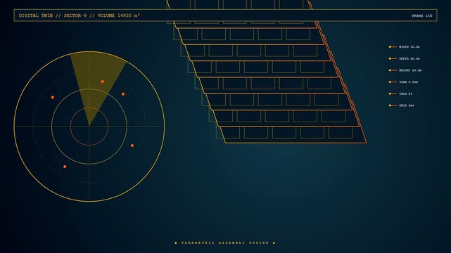 A digital bim modeling interface showing structural layouts expanding across three frames with glowing orange lines and circular radar charts on a dark blue gradient screen