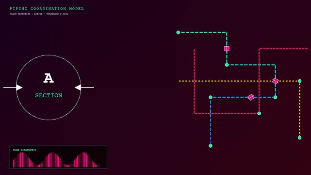 a bim modeling software interface displaying animated piping schematics with digital line diagrams and rhythm wave patterns for industrial construction planning across a dark purple computer display