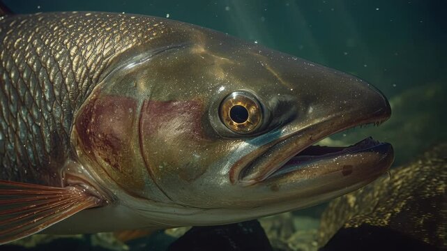Golden trout freshwater fish head close up underwater with textured reflective scales and alert eye