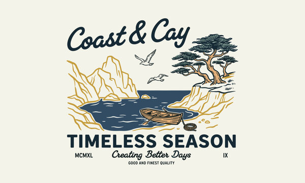Vintage nautical illustration of a wooden boat on a rocky coast with pine trees and seagulls.