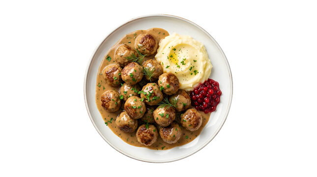 Isolated swedish meatballs with mashed potatoes brown gravy and lingonberry jam on ceramic plate overhead view delicious lunch