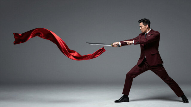 karate gentleman in burgundy suit slashing red fabric with sword