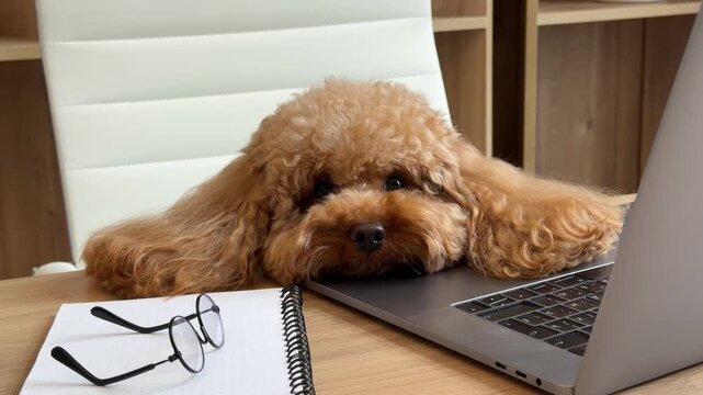 Curly brown poodle resting chin on laptop in home office