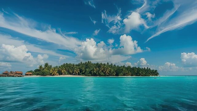 Tropical island palm beach with turquoise ocean and overwater huts under dramatic blue sky