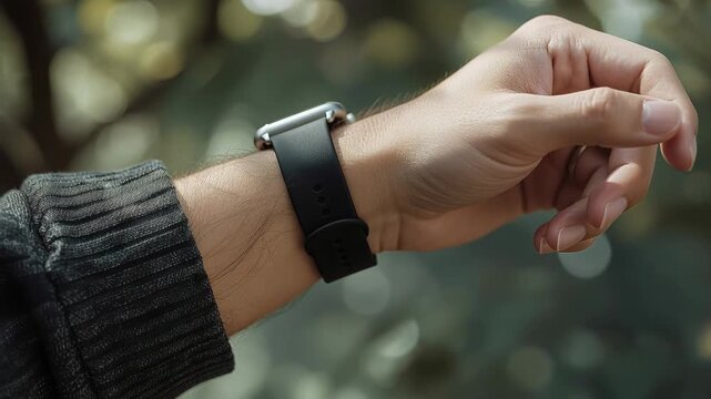 Square smartwatch wrist with black strap and watchband, black wristwatch strap, relaxed outdoor