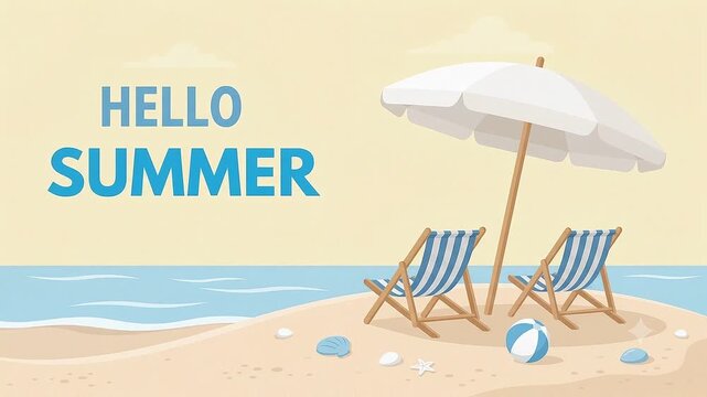 summer concept animation Hello Summer Beach Scene with Chairs and Umbrella