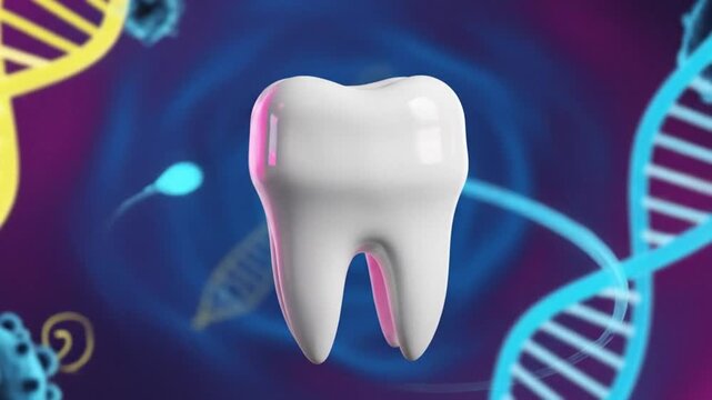 Realistic 3D tooth model with animated dna strands and viruses, dental health concept, medical animation