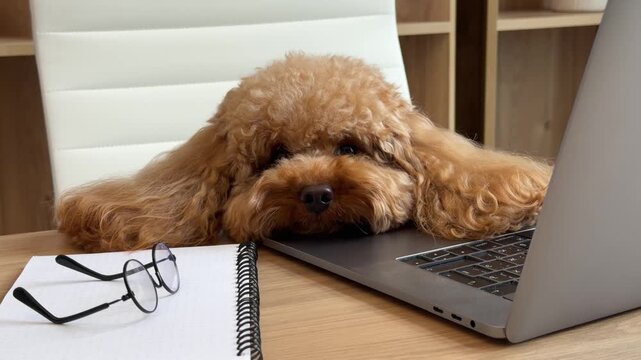 Apricot poodle resting on laptop in home office workspace during clip