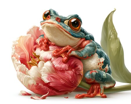 Vibrant blue and red frog resting peacefully on a delicate pink and white tulip flower