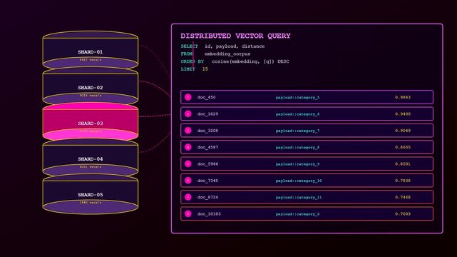 An advanced Vector Database Query executes across multiple shards in real time as data results populate a futuristic user interface with high speed and precision.
