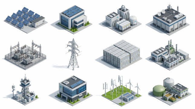 Isometric Industrial Buildings and Power Infrastructure Set.