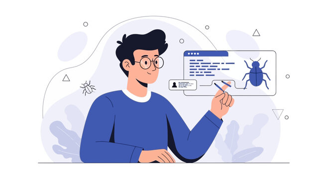 Programmer Debugging Software Bug with Digital Tools, Modern Flat Illustration Style