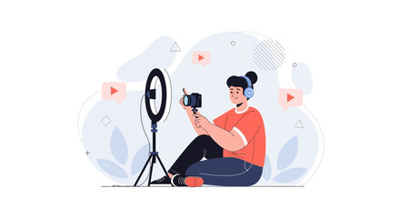 Fototapeta premium Vlogger creating content with camera and ring light, modern flat illustration style, concept of social media, online streaming and digital creation.