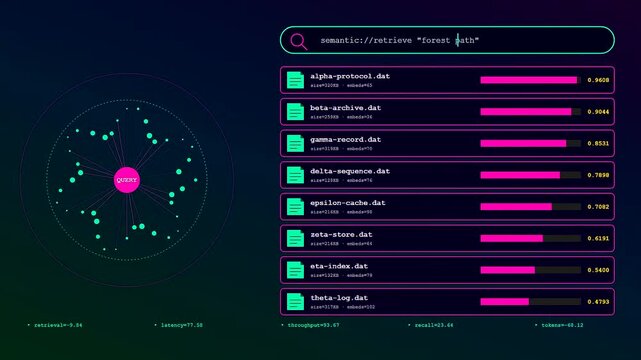 This futuristic interface demonstrates a Vector Database Query processing semantic searches for natural landscapes through a complex network of interconnected data nodes and file similarity scores.