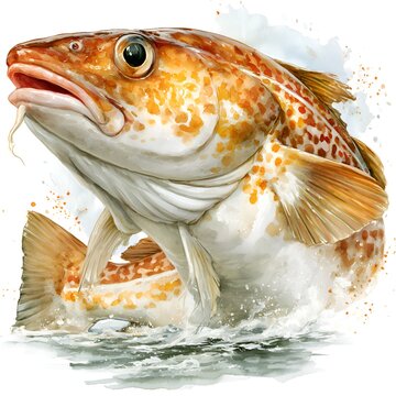 Vibrant watercolor illustration of a codfish leaping from the water