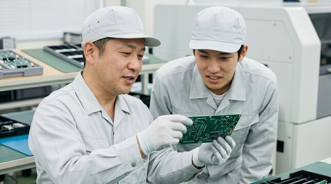 製造業の工場内で電子基板を手に持ち後輩へOJT指導による人材育成を行う日本人男性技術者