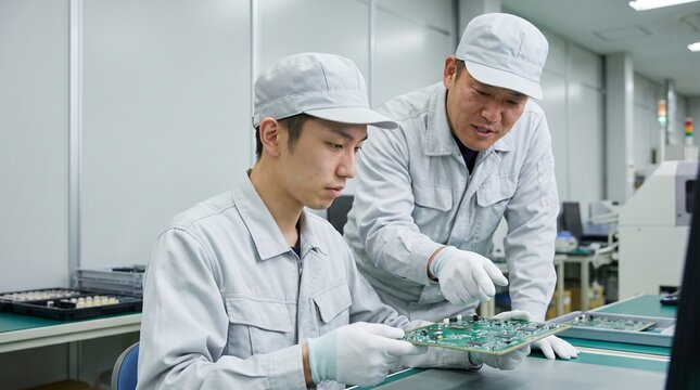 製造業のクリーンルームで電子基板の確認作業とOJTによる人材育成を行う日本人男性技術者