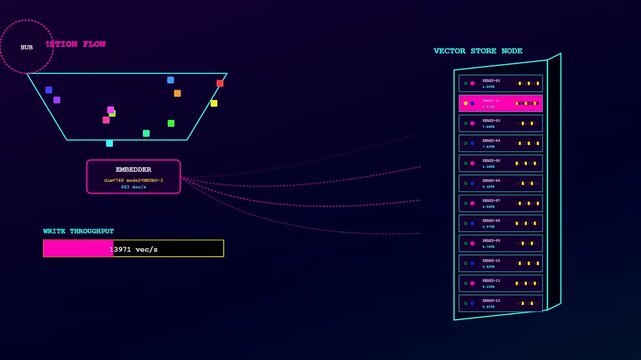A digital visualization depicts a complex vector database query processing flow with animated data points moving between an embedder and high capacity server storage nodes