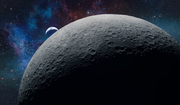 Moon surface and Earth planet at night in outer space. Lunar space program. Return to Moon. Elements of this image furnished by NASA
