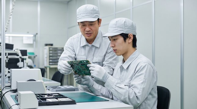 電子基板の検査工程でOJTを通じて人材育成を行う製造業の日本人男性作業員
