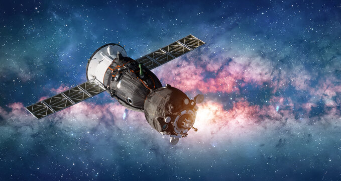 Space craft in bright outer space. Milky way and galaxy with stars research. Spaceship in space with galaxy. Elements of this image furnished by NASA
