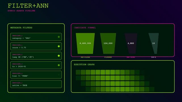 Dynamic dashboard illustrating a vector database query as metadata filters process data into an execution graph for efficient search retrieval and candidate selection.