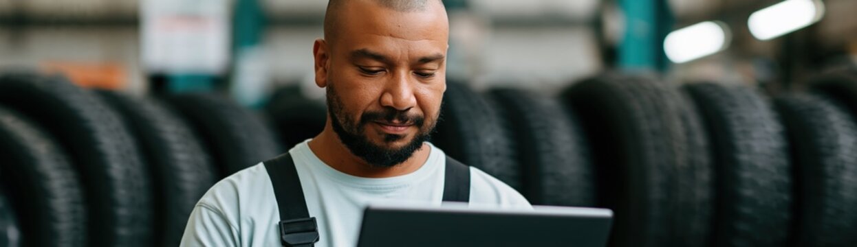 Mechanic using tablet in tire shop with stacked tires background for workshop banner and service design