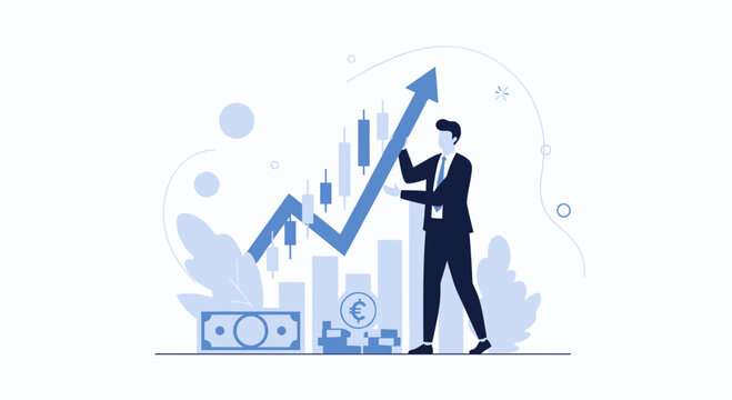 Businessman Managing Upward Financial Trend with Candlestick Chart and Euro Currency