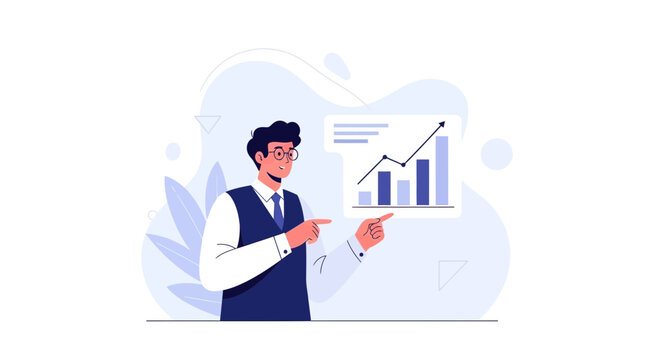 Business man presenting upward trending graph, illustrating growth and success in a modern flat illustration style