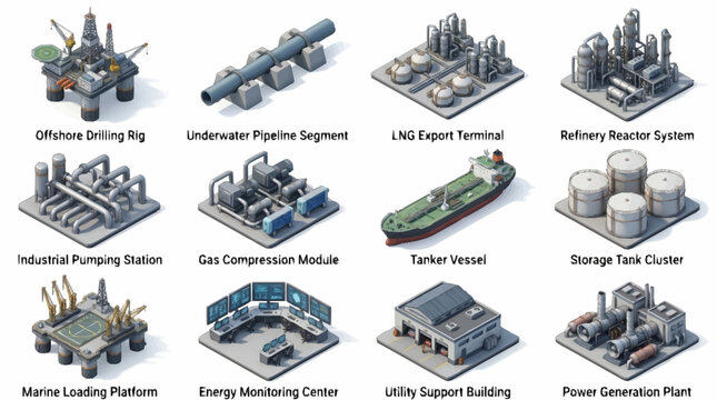 Industrial Equipment and Facilities Isometric Illustration Set.