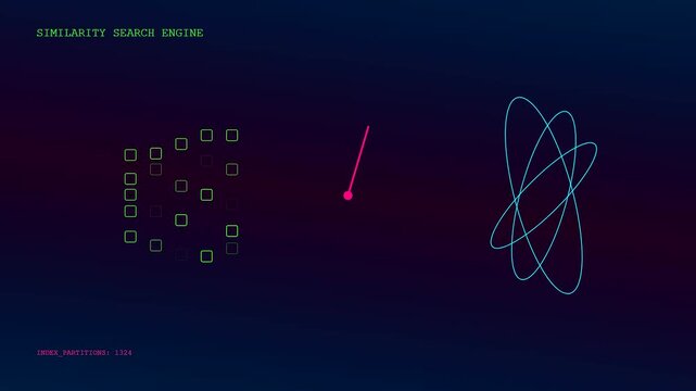 A sophisticated Vector Database Query animation visualizes similarity search engine mechanics through glowing geometric nodes and orbital paths across a dark digital interface.