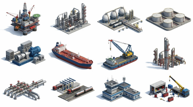 Industrial machinery and offshore oil rigs isometric illustration.