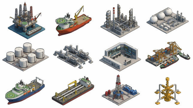 Isometric industrial oil rigs and ships collection.