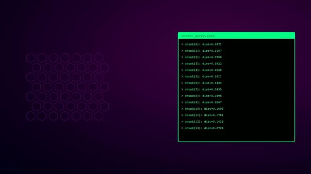 In a dark digital environment a complex Vector Database Query animates through hexagonal clusters while terminal windows display real time distance metrics and data processing steps