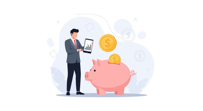 Businessman analyzing financial growth chart on tablet next to piggy bank with coins falling in, symbolizing savings and investment