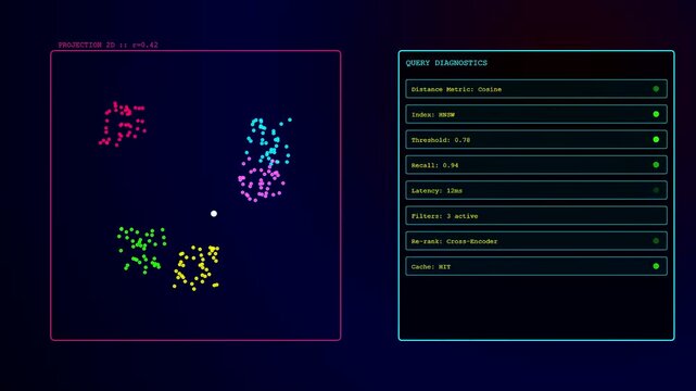 A sophisticated interface monitors a Vector Database Query while displaying shifting multidimensional data projections in a dark futuristic environment for deep analytical research purposes.