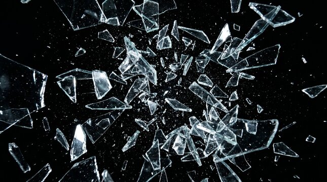 Sharp shards of broken glass exploding and flying outward against a pitch-black background.