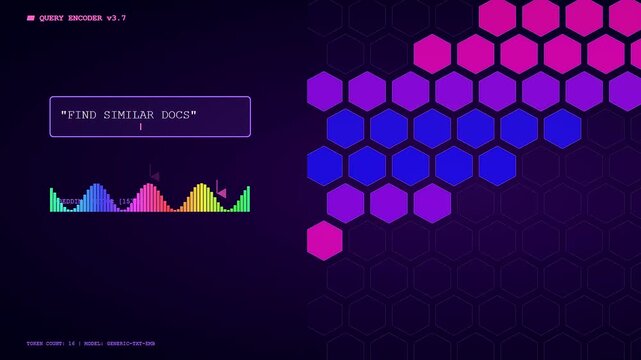 A futuristic digital interface showing a vector database query searching through documents while colorful waveforms oscillate and hexagonal patterns animate across a dark purple screen