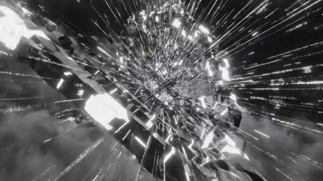 Abstract Geometric Structure Dissolving into Light Energy in a Cloudy Black and White Universe