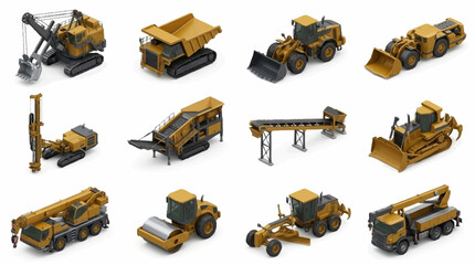 Collection of yellow construction vehicles and heavy machinery. © Sami