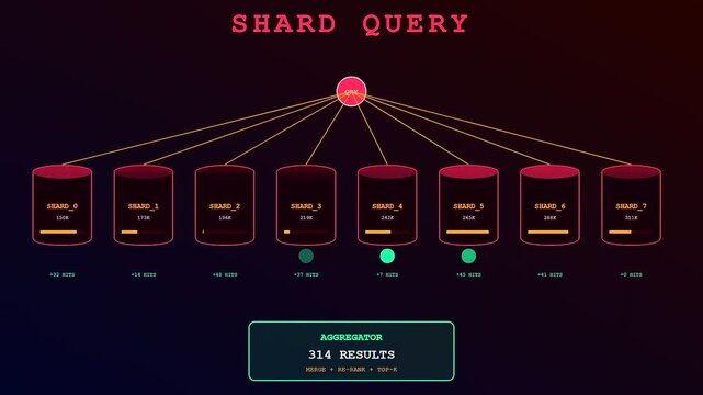 Animated visualization depicts a distributed Vector Database Query processing across sharded network nodes as data streams into a central aggregator showing real time results.